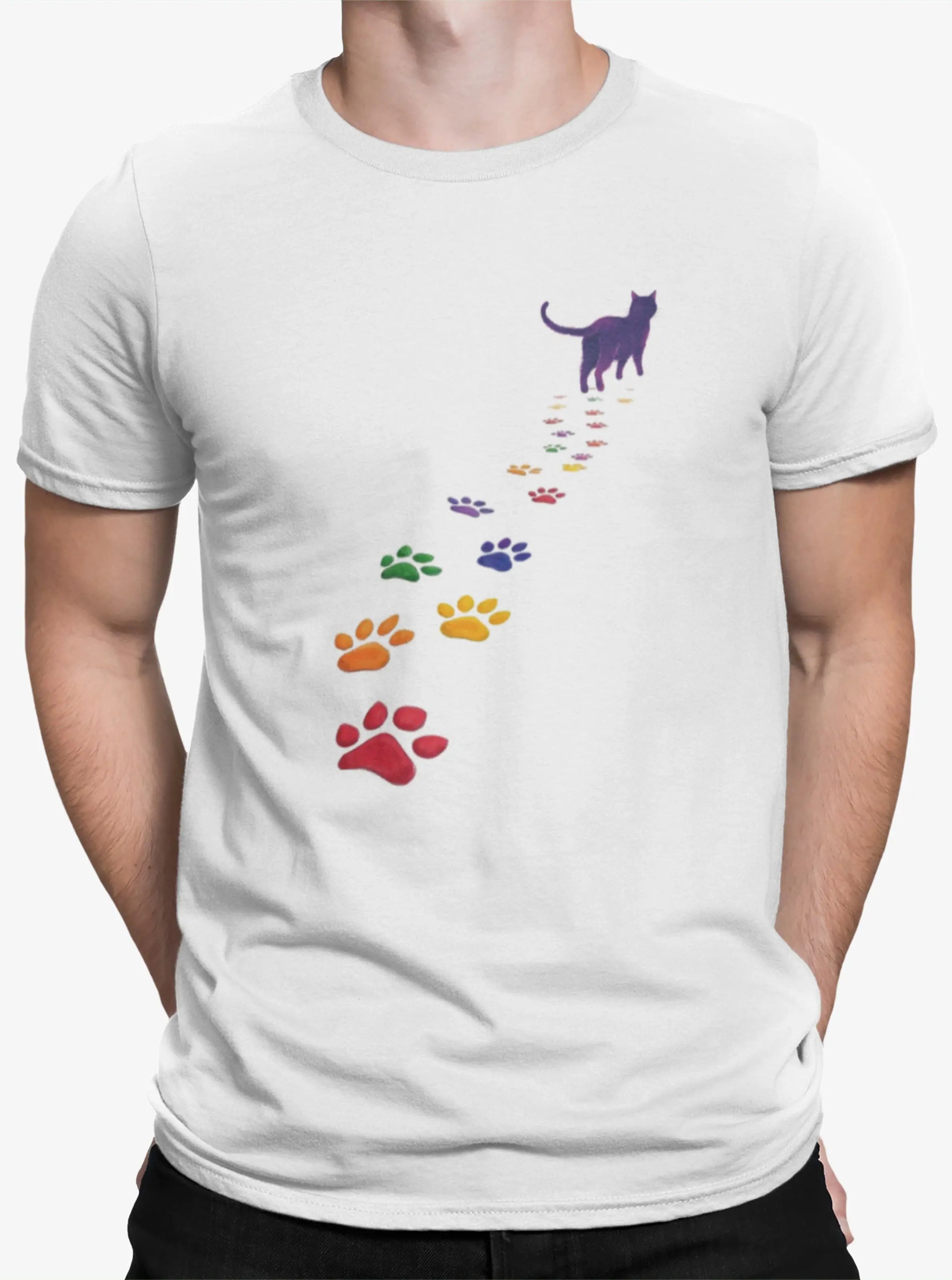 Person wearing Steps of Pride unisex T-shirt outdoors – stylish minimalist cat design representing pride, love, and self-expression.