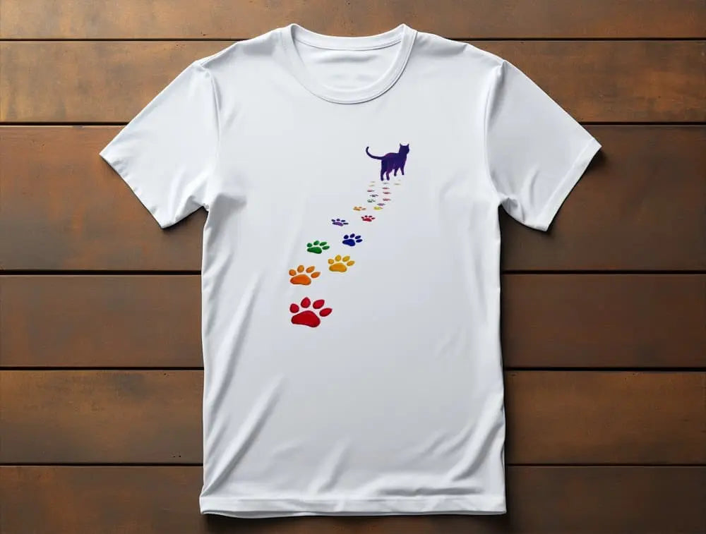 Steps of Pride T-Shirt – unisex premium shirt featuring black cat silhouette walking into rainbow colors, celebrating subtle pride and individuality.