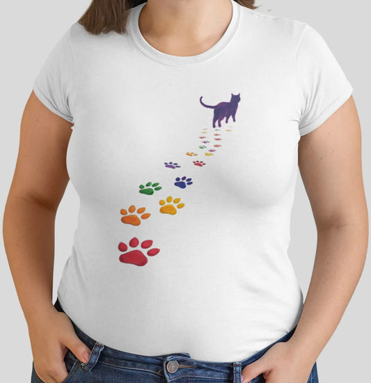 Person wearing Steps of Pride unisex T-shirt outdoors – stylish minimalist cat design representing pride, love, and self-expression.