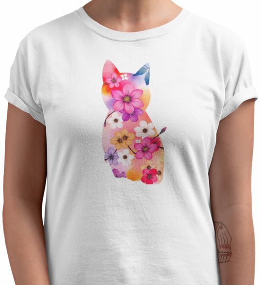 Close-up of Sakura Cat t-shirt print showing cat silhouette made of delicate cherry blossoms