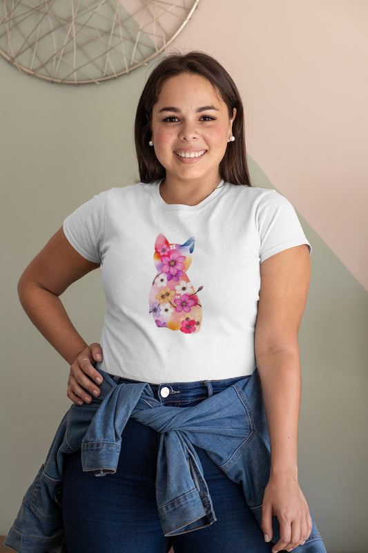Mockup of Sakura Cat women’s t-shirt featuring cherry blossom cat silhouette, Japanese inspired design