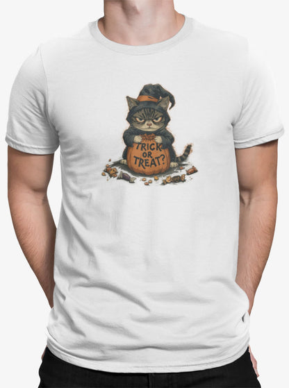 Close-up of Trick or Treat Cat Halloween t-shirt print showing witch-hat feline, candy details, and distressed gray-black poster texture