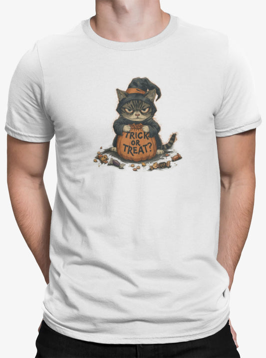 Close-up of Trick or Treat Cat Halloween t-shirt print showing witch-hat feline, candy details, and distressed gray-black poster texture