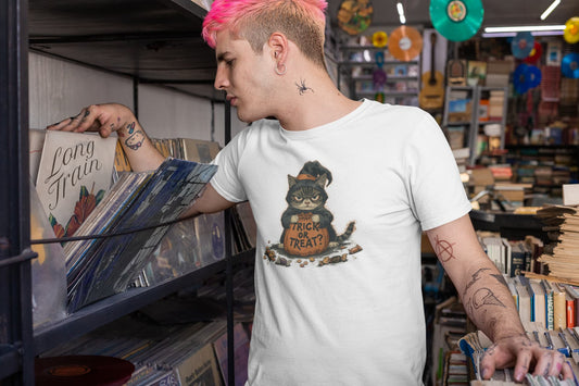 Mockup of unisex premium Trick or Treat Cat Halloween t-shirt with vintage ghostly black cat holding sack of candy design