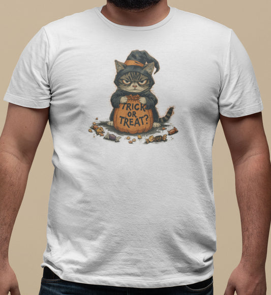 Close-up of Trick or Treat Cat Halloween t-shirt print showing witch-hat feline, candy details, and distressed gray-black poster texture