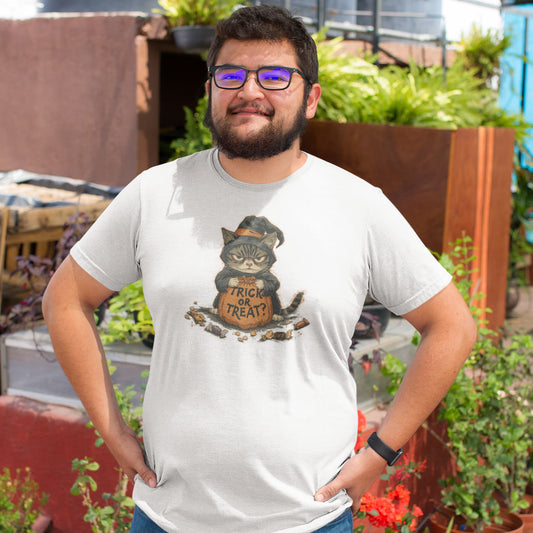 Model wearing Trick or Treat Cat unisex premium Halloween t-shirt with spooky vintage poster-style black cat design