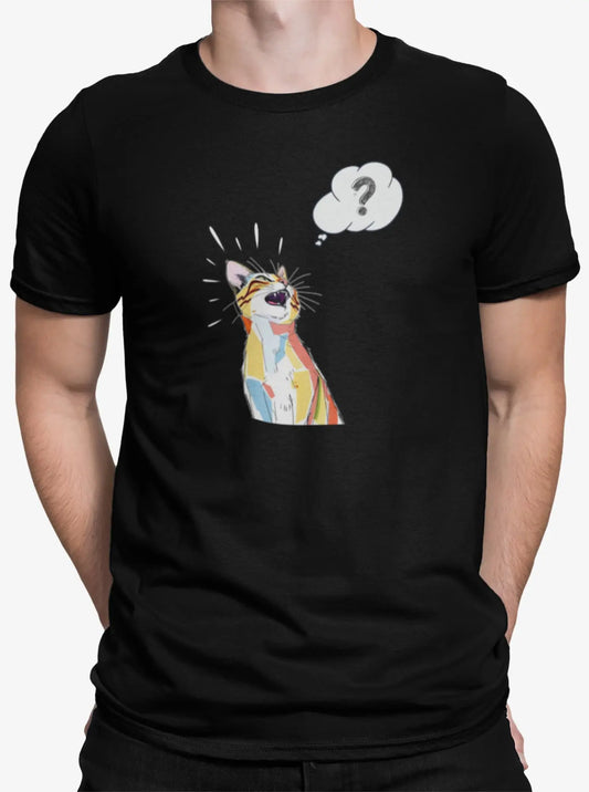 Close-up of What? Funny Cat T-Shirt – minimalist cat face illustration with sarcastic text.