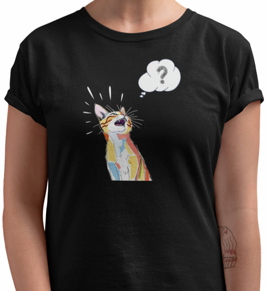 Close-up of What? Funny Cat T-Shirt – minimalist cat face illustration with sarcastic text.