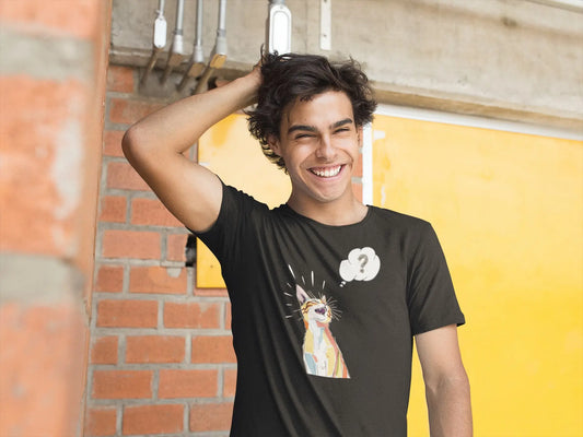 Model wearing What? Funny Cat T-Shirt – minimalist sarcastic cat design, premium unisex crewneck.