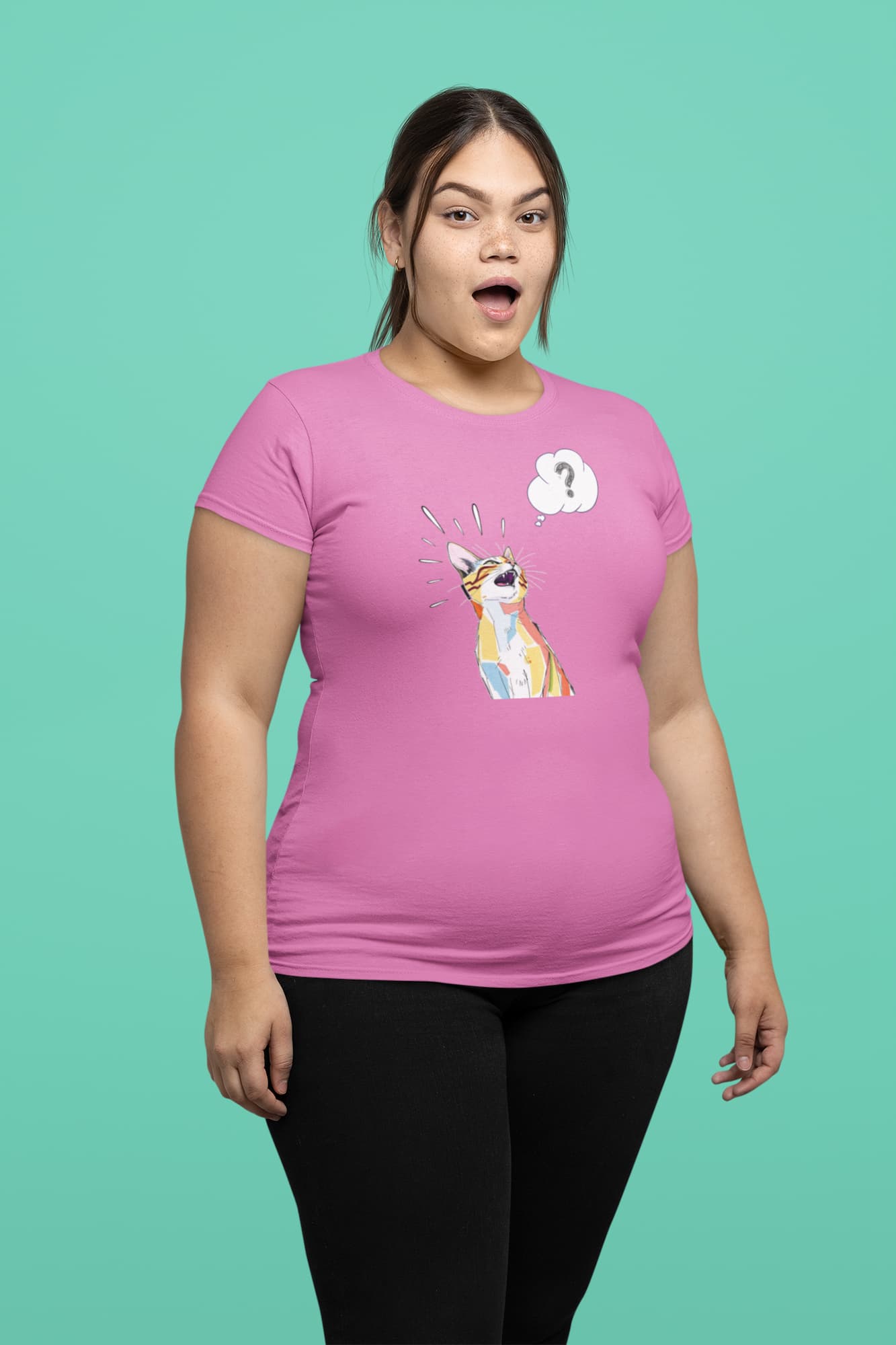 Casual outfit with What? Funny Cat T-Shirt – sarcastic minimalist cat humor design for feline lovers.