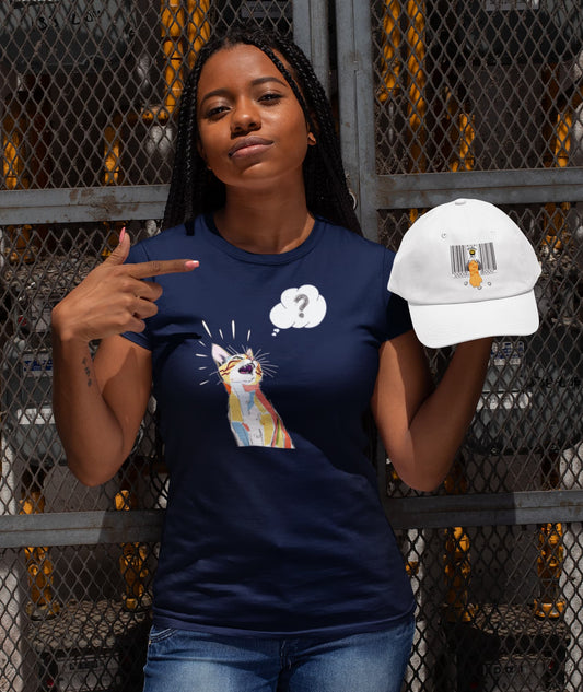 Model wearing What? Funny Cat T-Shirt – minimalist sarcastic cat design, premium unisex crewneck.