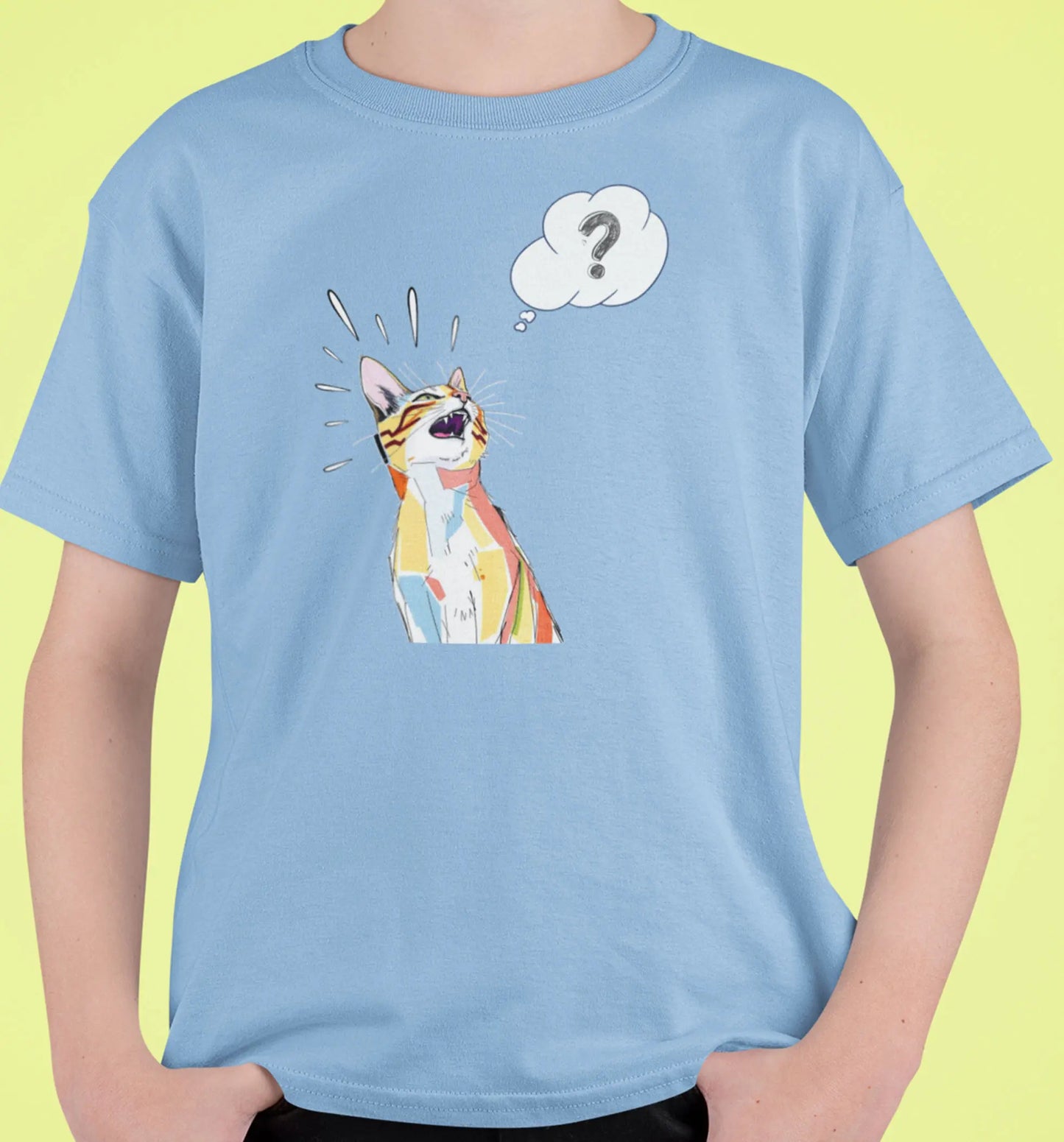 Close-up of What? Funny Cat T-Shirt – minimalist cat face illustration with sarcastic text.