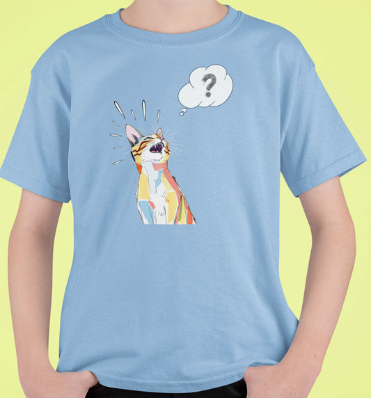 Close-up of What? Funny Cat T-Shirt – minimalist cat face illustration with sarcastic text.