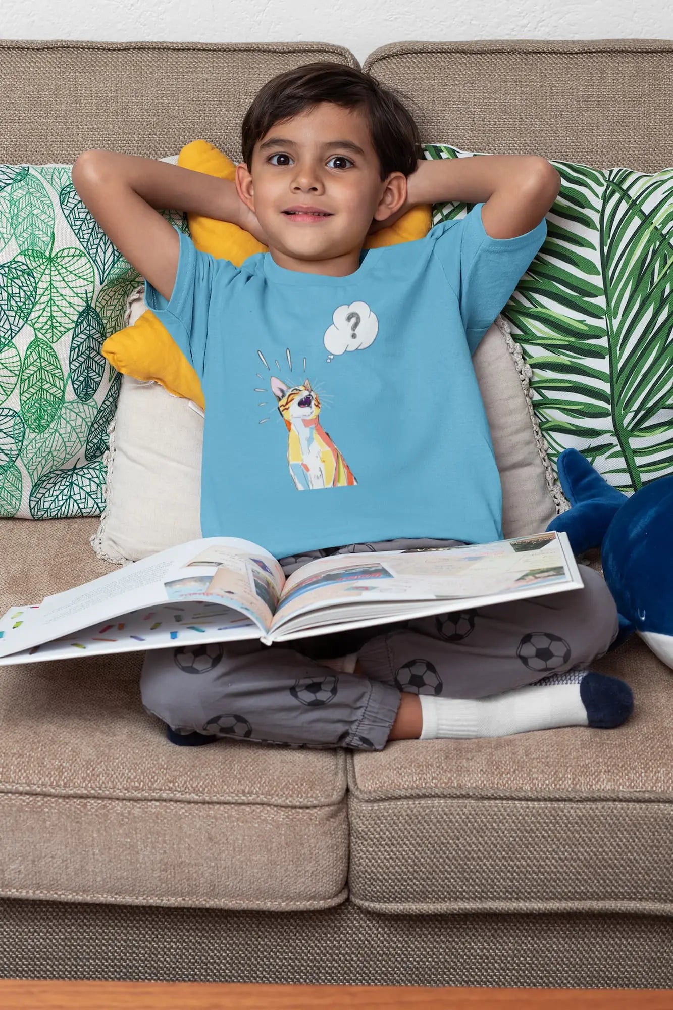 Model wearing What? Funny Cat T-Shirt – minimalist sarcastic cat design, premium unisex crewneck.