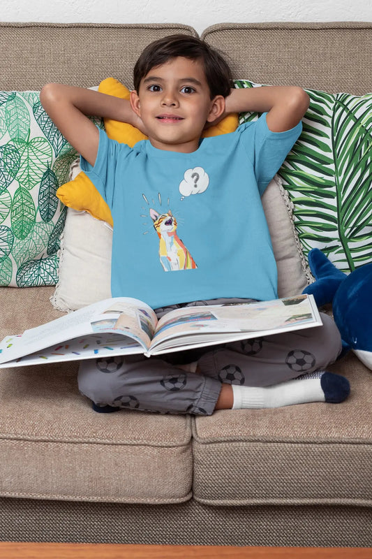 Model wearing What? Funny Cat T-Shirt – minimalist sarcastic cat design, premium unisex crewneck.