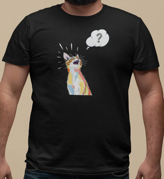 Close-up of What? Funny Cat T-Shirt – minimalist cat face illustration with sarcastic text.