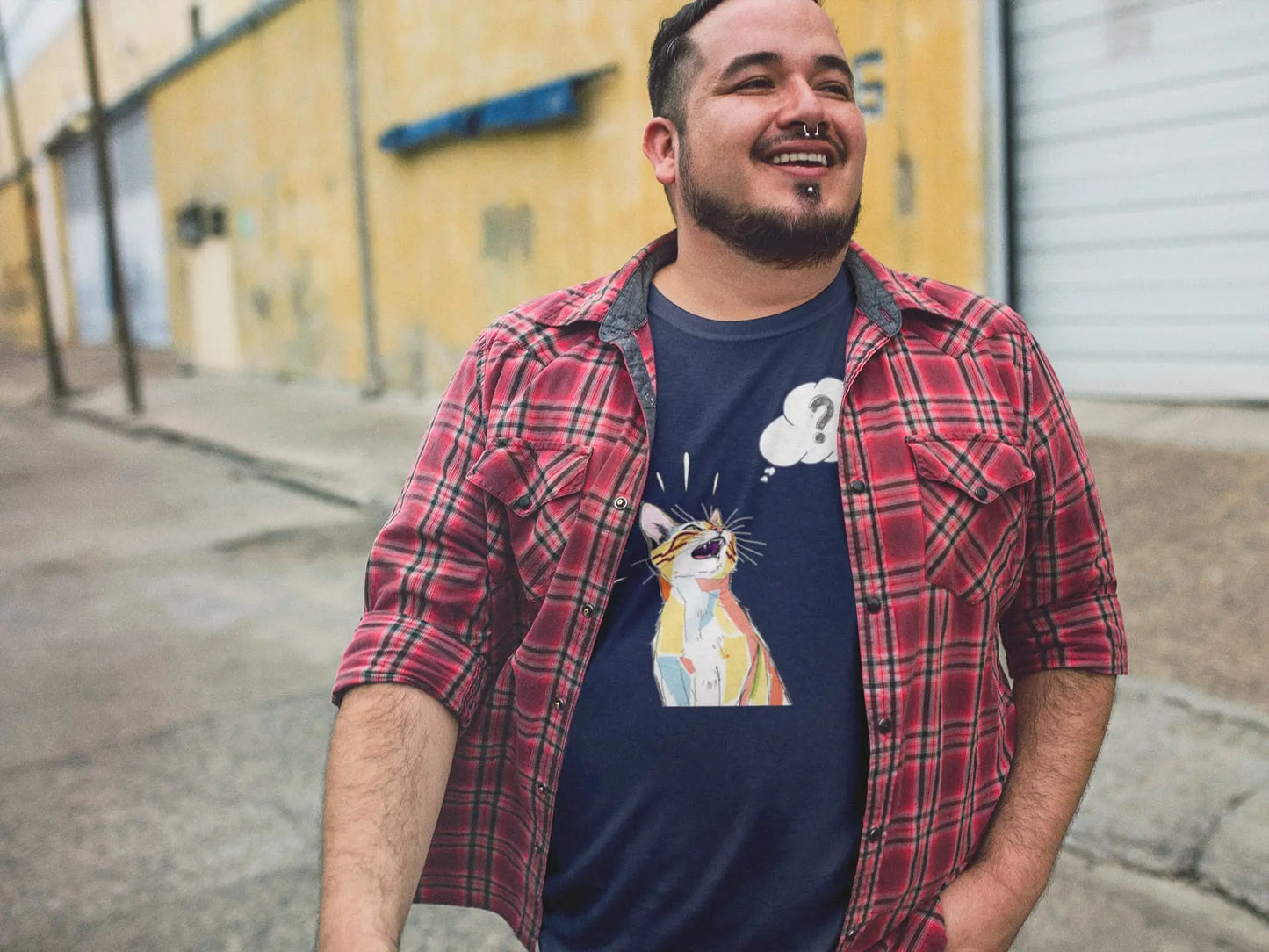 Casual outfit with What? Funny Cat T-Shirt – sarcastic minimalist cat humor design for feline lovers.