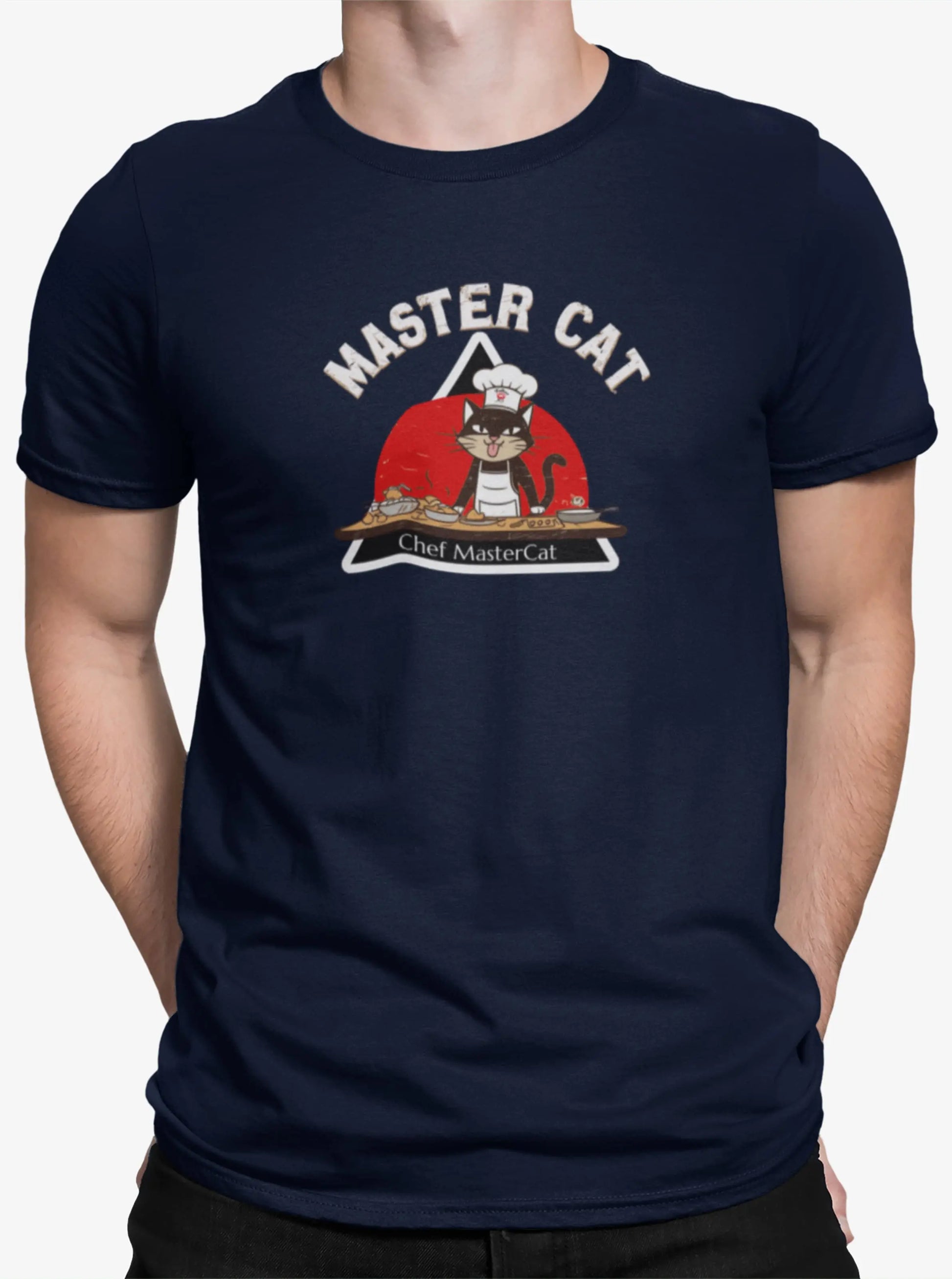 Close-up of Chef Mastercat Funny Cat Chef T-Shirt – minimalist cat illustration wearing chef hat and apron.