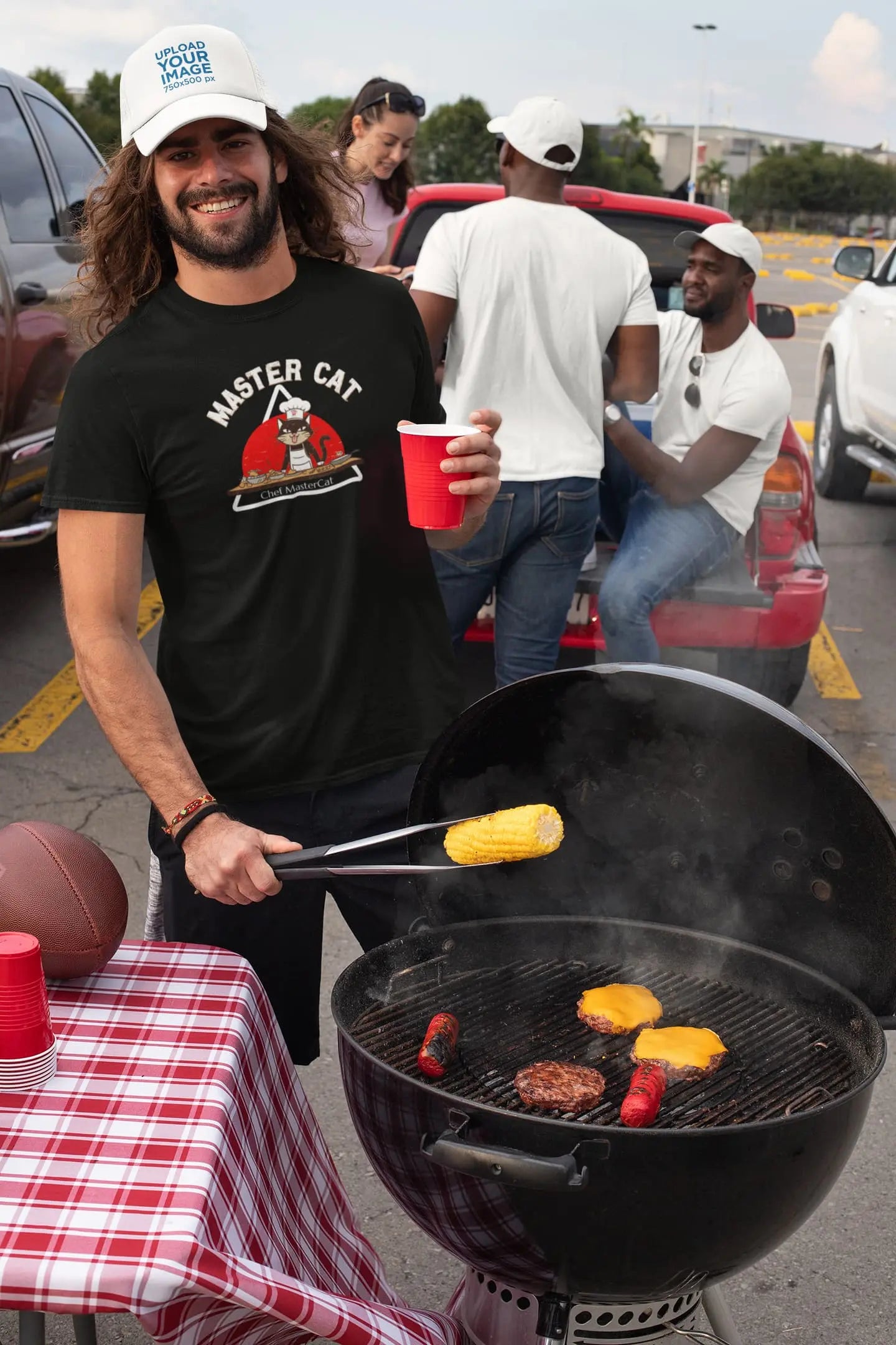 Model wearing Chef Mastercat Funny Cat Chef T-Shirt – unisex premium tee with humorous cooking cat design.