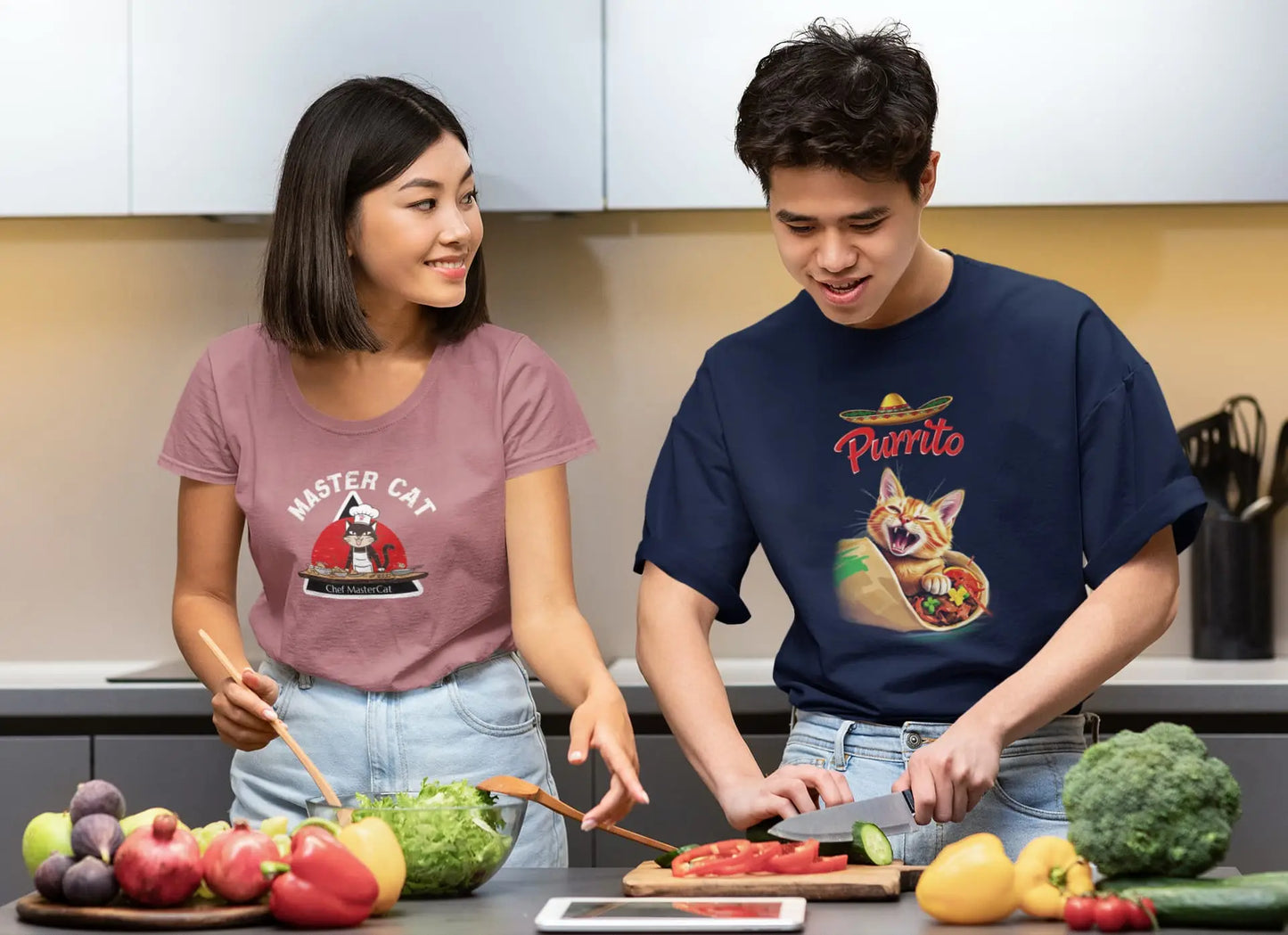 Casual outfit with Chef Mastercat Funny Cat Chef T-Shirt – playful culinary cat design for foodies and cat lovers.