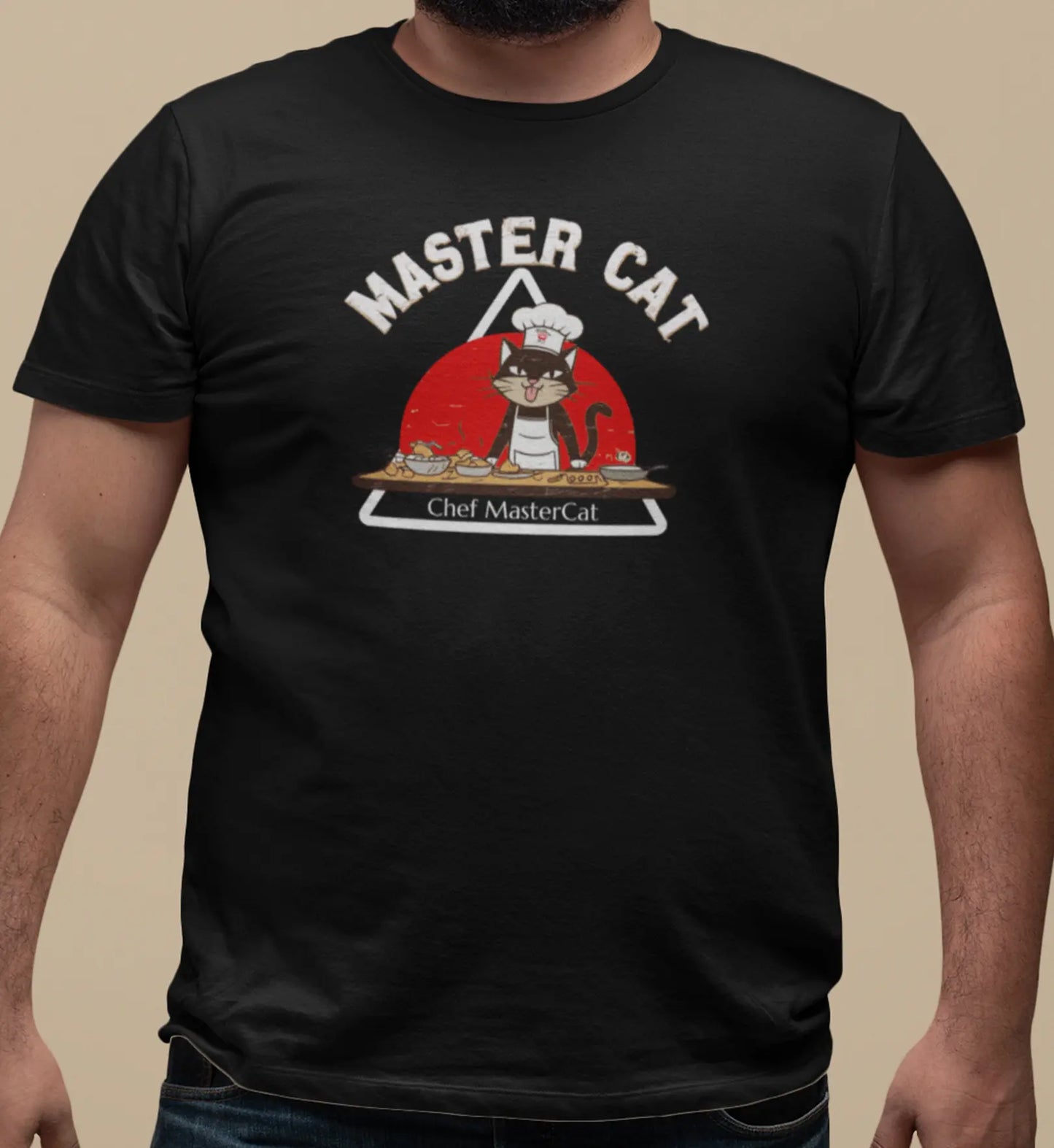 Close-up of Chef Mastercat Funny Cat Chef T-Shirt – minimalist cat illustration wearing chef hat and apron.