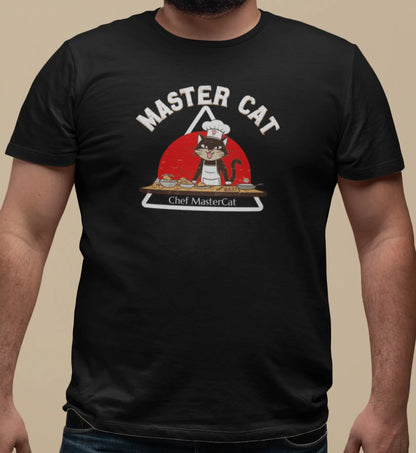 Close-up of Chef Mastercat Funny Cat Chef T-Shirt – minimalist cat illustration wearing chef hat and apron.