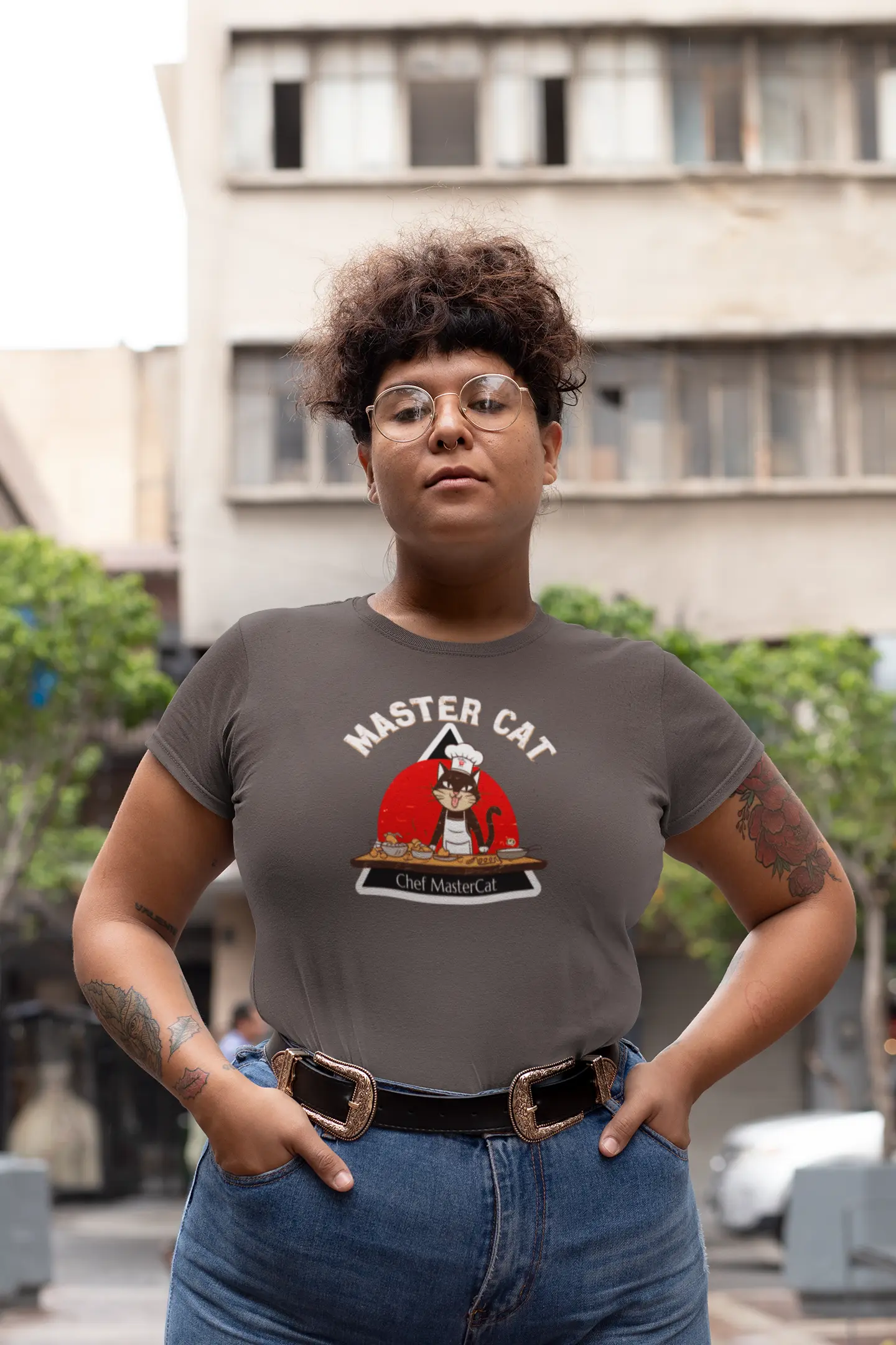 Casual outfit with Chef Mastercat Funny Cat Chef T-Shirt – playful culinary cat design for foodies and cat lovers.