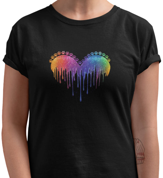 Close-up of Lover Cat t-shirt print showing colorful heart with small cat paw prints