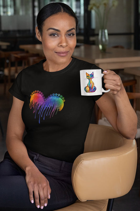 Mockup of Lover Cat women’s t-shirt with colorful heart and cat paw prints design 