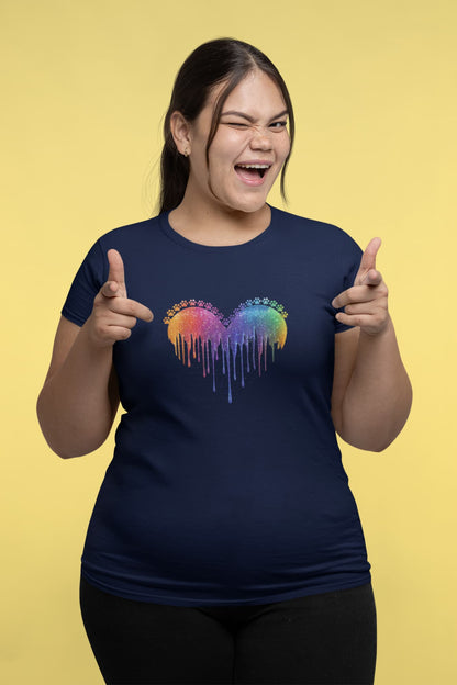 Model wearing Lover Cat women’s t-shirt with heart and paw prints, feminine romantic cat lover design