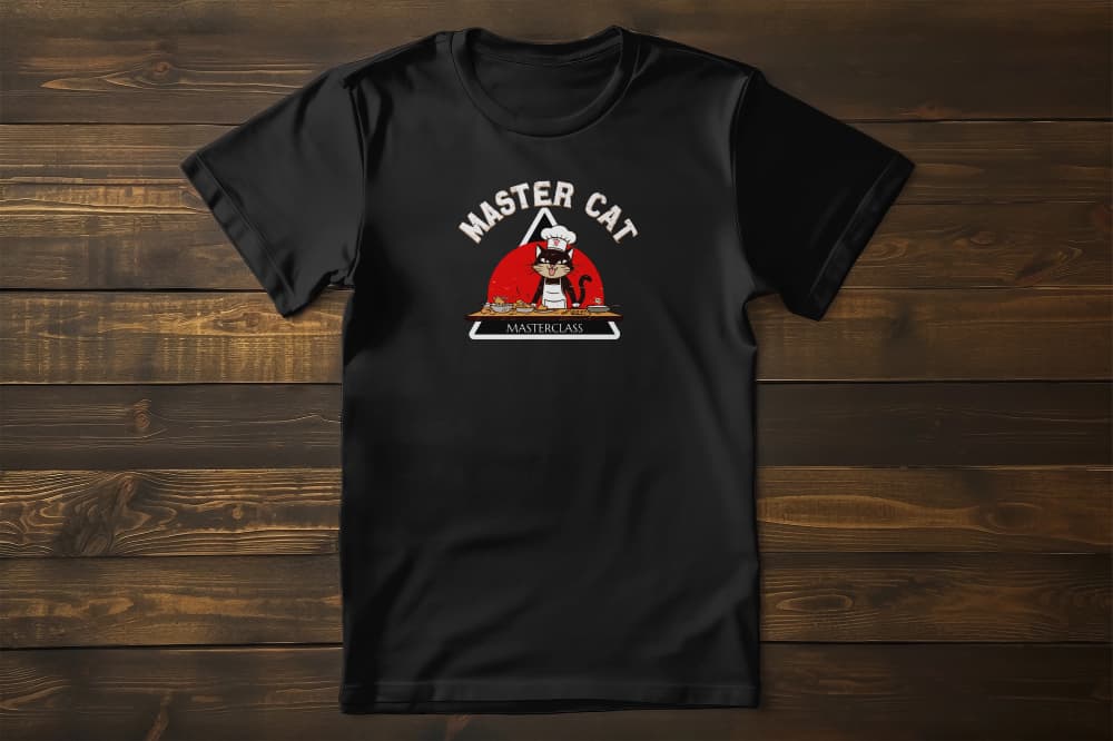 Mastercat Masterclass Funny Cat Chef T-Shirt – minimalist design of cat with chef hat and apron, unisex premium fit.
