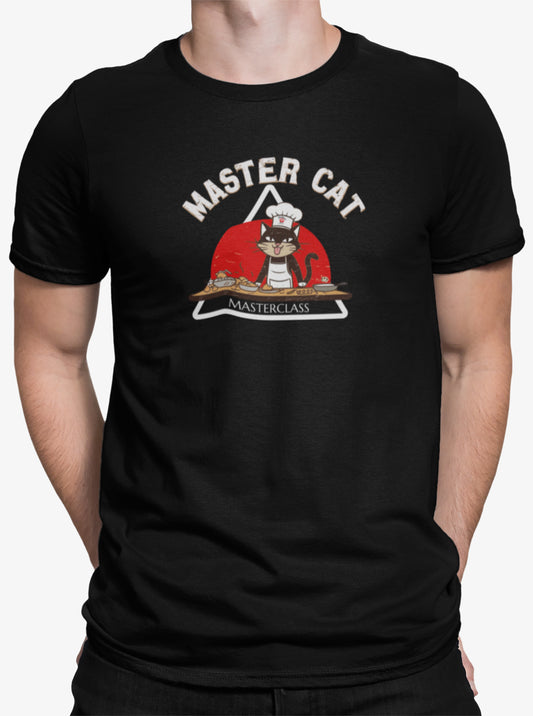 Close-up of Mastercat Masterclass Funny Cat Chef T-Shirt – minimalist cat illustration wearing chef hat and apron.
