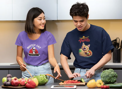 Casual outfit with Mastercat Masterclass Funny Cat Chef T-Shirt – playful culinary cat design for foodies and cat lovers.