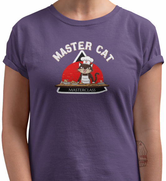 Close-up of Mastercat Masterclass Funny Cat Chef T-Shirt – minimalist cat illustration wearing chef hat and apron.
