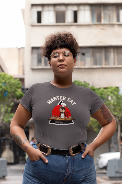 Casual outfit with Mastercat Masterclass Funny Cat Chef T-Shirt – playful culinary cat design for foodies and cat lovers.