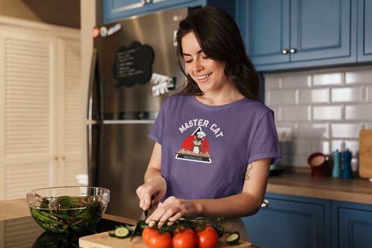 Model wearing Mastercat Masterclass Funny Cat Chef T-Shirt – unisex premium tee with humorous cooking cat design.