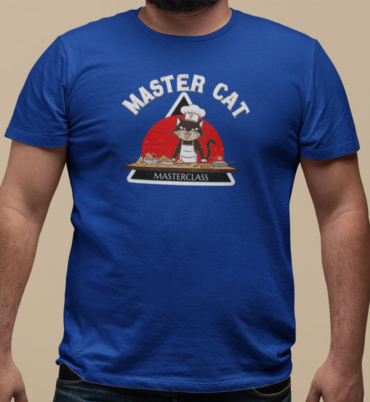 Close-up of Mastercat Masterclass Funny Cat Chef T-Shirt – minimalist cat illustration wearing chef hat and apron.
