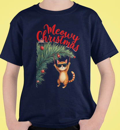 Close-up of Tree Diving design – orange cat in sunglasses hanging from Christmas tree top with a mischievous grin and festive details.