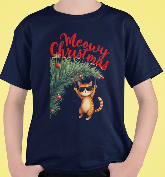 Close-up of Tree Diving design – orange cat in sunglasses hanging from Christmas tree top with a mischievous grin and festive details.