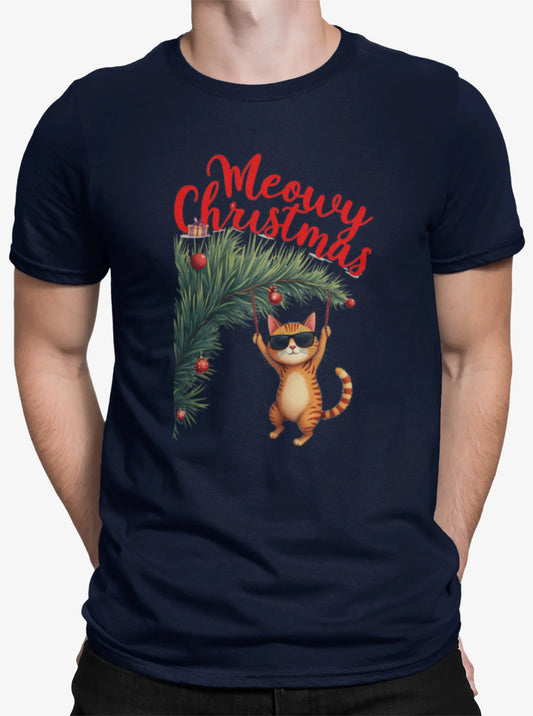Close-up of Tree Diving design – orange cat in sunglasses hanging from Christmas tree top with a mischievous grin and festive details.