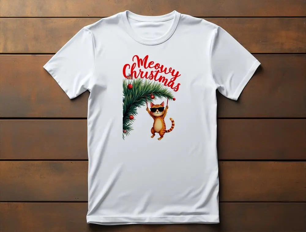 Tree Diving Christmas Cat T-Shirt – unisex premium shirt with cool orange cat wearing sunglasses diving into a Christmas tree, perfect for cat lovers.
