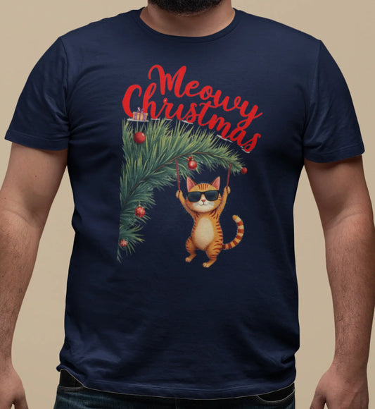 Close-up of Tree Diving design – orange cat in sunglasses hanging from Christmas tree top with a mischievous grin and festive details.