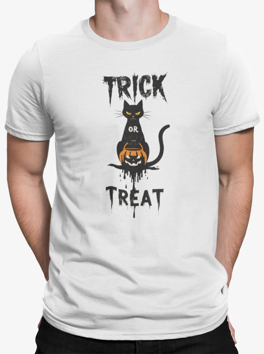 Close-up of No Candy No Mercy Halloween t-shirt print showing minimalist black cat clutching Jack-o’-lantern candy bucket with bold Trick or Treat lettering