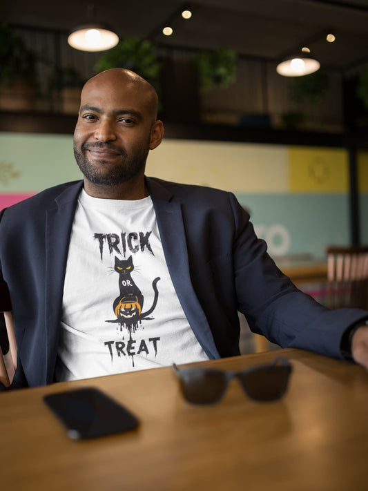 Mockup of unisex premium No Candy No Mercy Halloween cat t-shirt with minimalist black cat holding Jack-o’-lantern bucket design