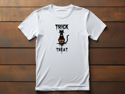 Flat lay of No Candy No Mercy Halloween t-shirt featuring bold minimalist black cat, pumpkin bucket, and Trick or Treat typography