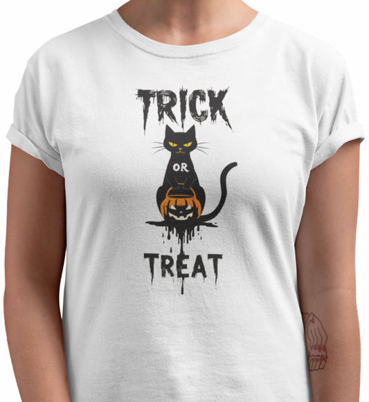 Close-up of No Candy No Mercy Halloween t-shirt print showing minimalist black cat clutching Jack-o’-lantern candy bucket with bold Trick or Treat lettering