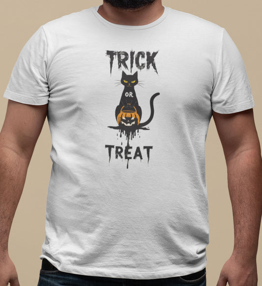 Close-up of No Candy No Mercy Halloween t-shirt print showing minimalist black cat clutching Jack-o’-lantern candy bucket with bold Trick or Treat lettering