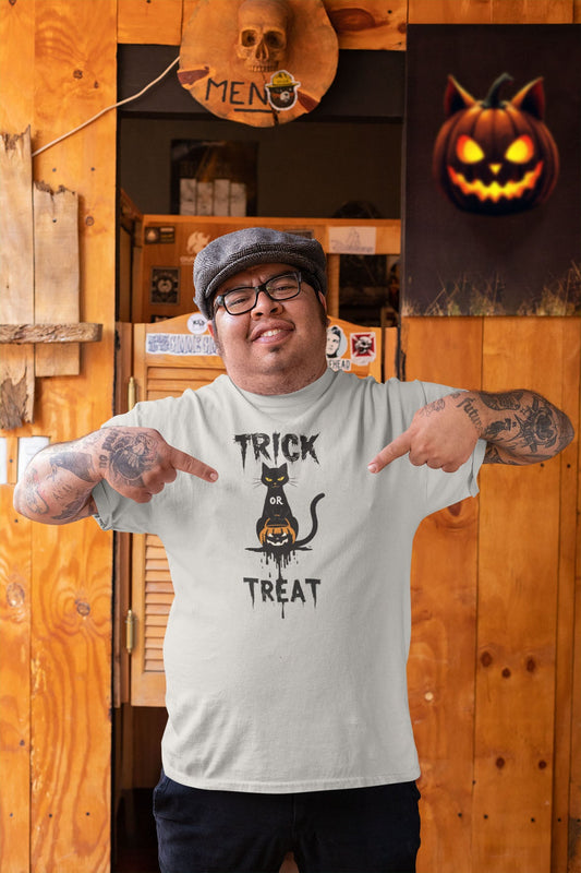 Mockup of unisex premium No Candy No Mercy Halloween cat t-shirt with minimalist black cat holding Jack-o’-lantern bucket design