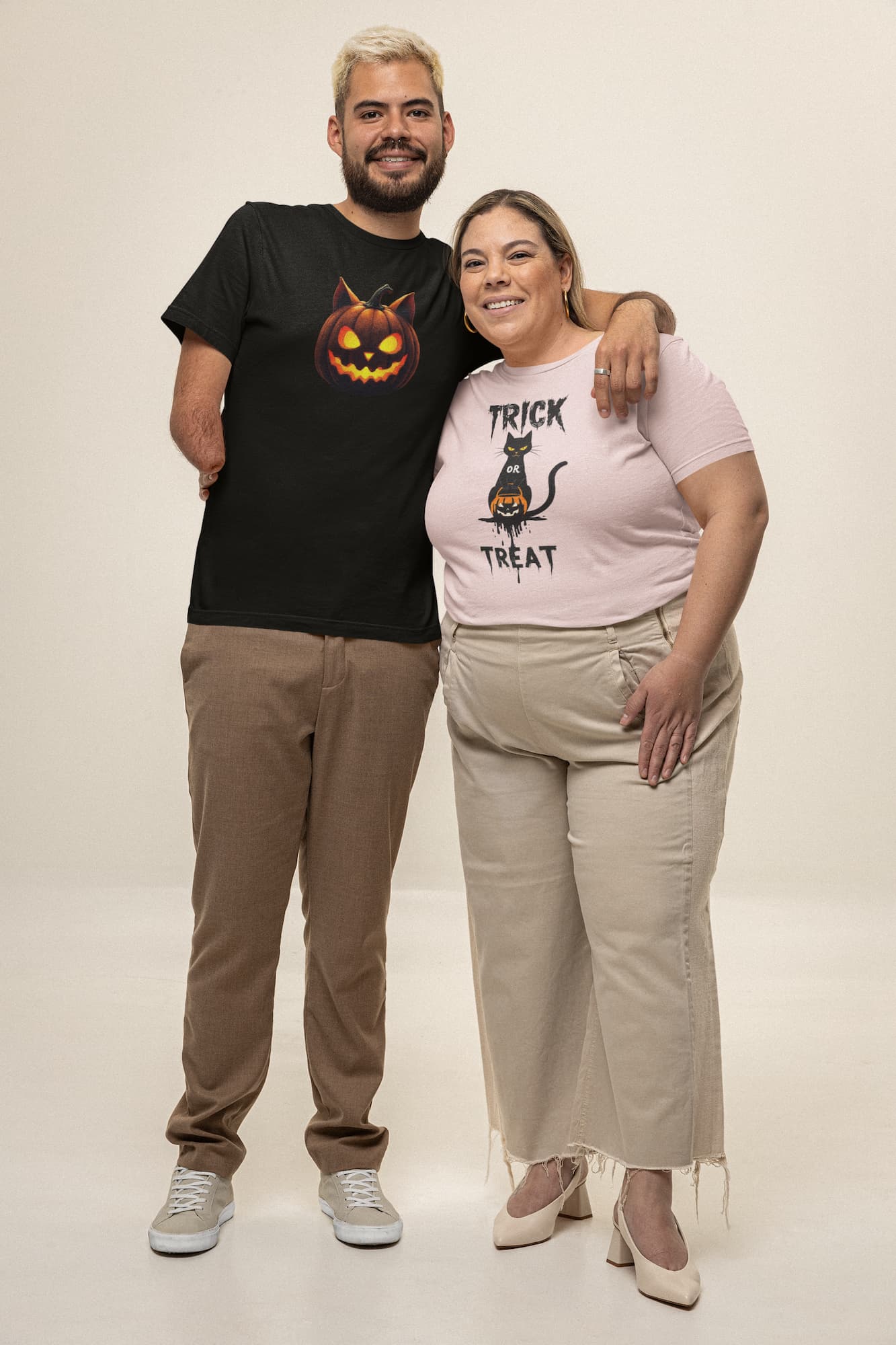 Model wearing No Candy No Mercy unisex premium Halloween t-shirt with sleek black and orange minimalist cat design