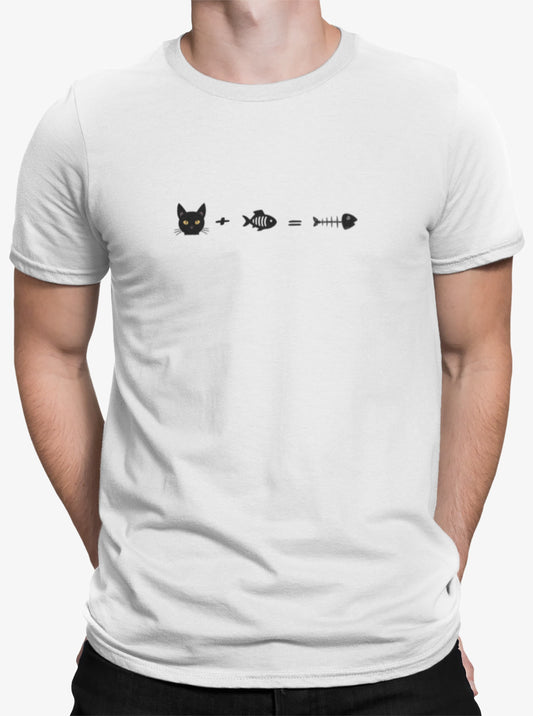 Close-up of Equation for Cats Funny Math Cat T-Shirt – fun graphic showing cat plus fish equals fishbone.